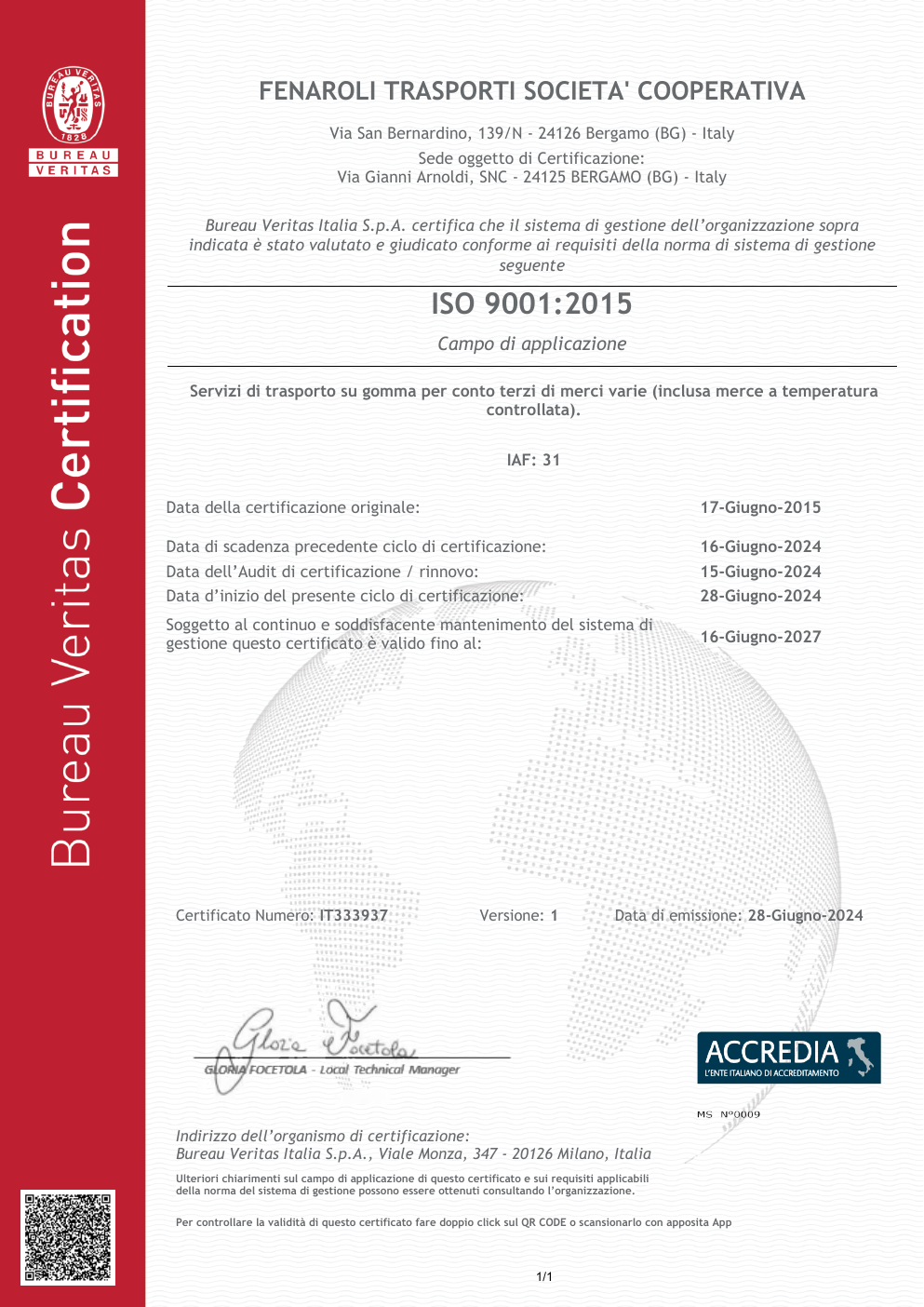 Anteprima certificato ISO 9001:2015 Bureau Veritas