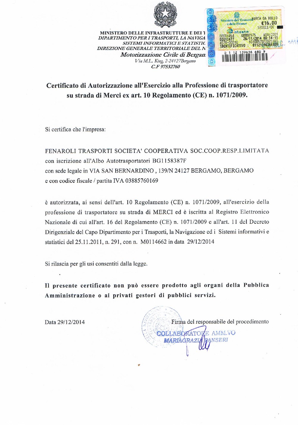 Anteprima certificato di autorizzazione REN per trasporto merci su strada